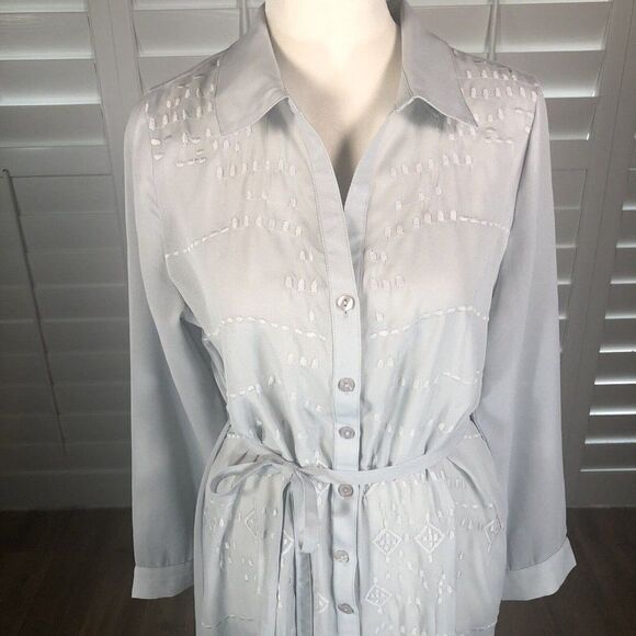 Soft Surroundings Pale Gray Sheer Chiffon Button Up Duster Dress PS Collared Tie - Picture 5 of 12